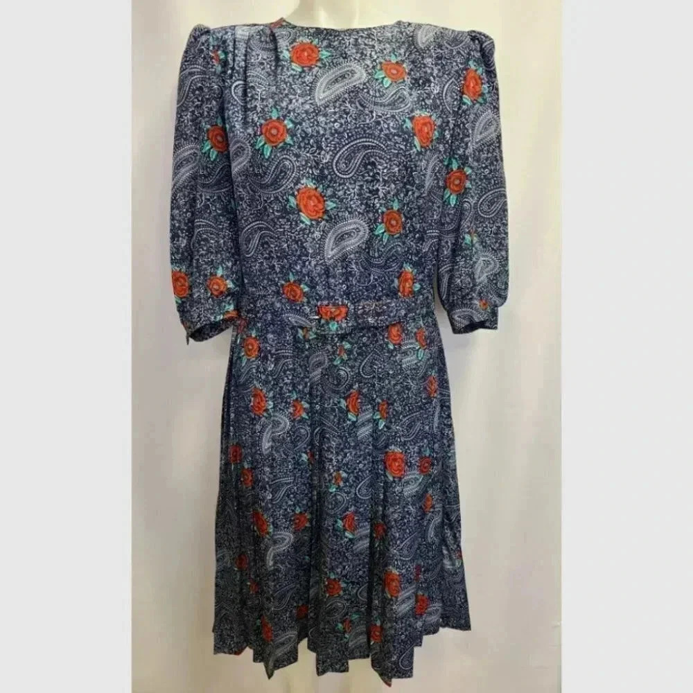 Vintage 80s Cottagecore Blue Floral Print Red Rose Pleated Dress Blue Medium